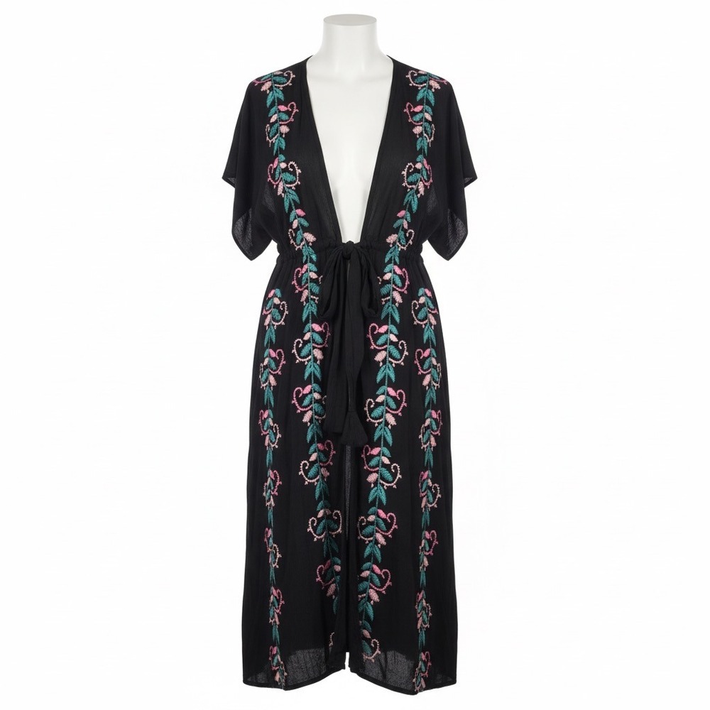 Curations Kimono Duster M Petite Black Embroidered Tunic Bohemian Resort‎ Travel